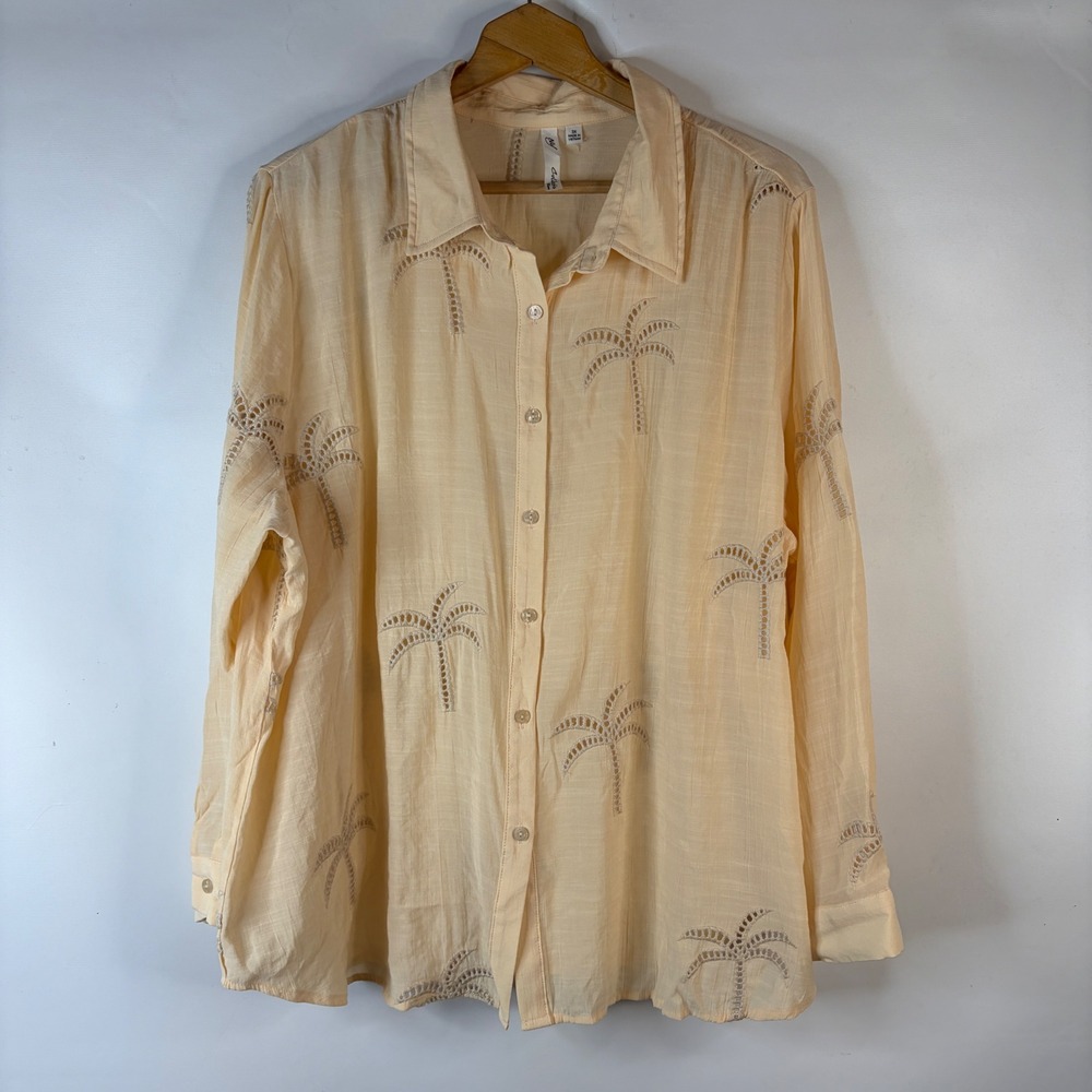 NY Collection Button Up Shirt Women 3X Peach Palm Tree Eyelet Tropical